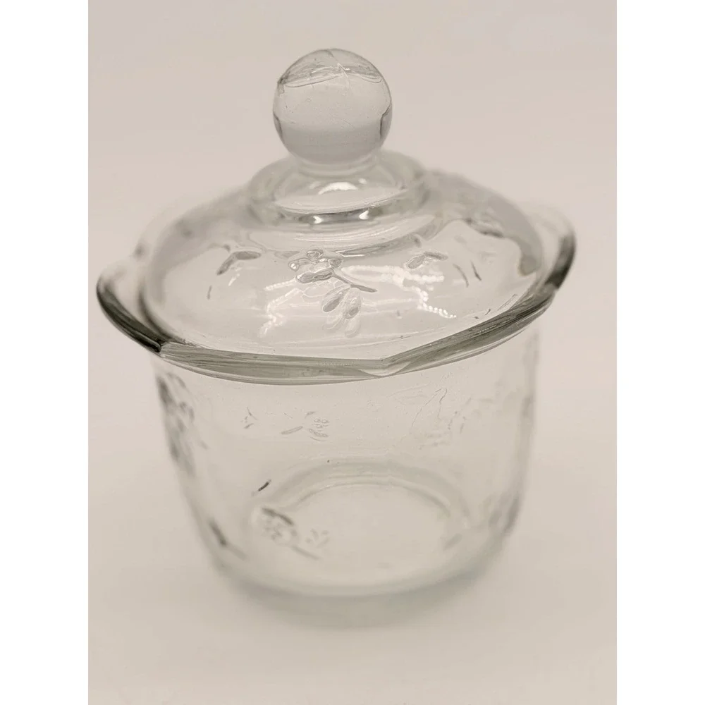 Vintage Clear Glass Floral Embossed Sugar Bowl with Lid Scalloped Rim 4 Inch